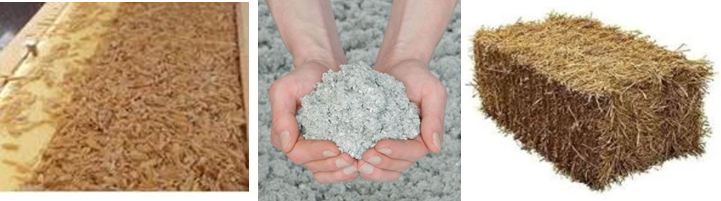 Balles de riz, ouate de cellulose et botte de paille